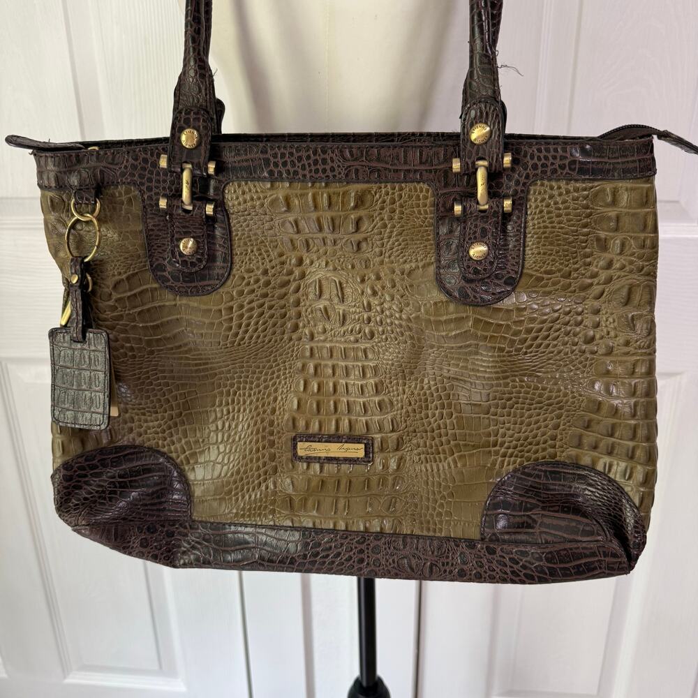 Etienne Aigner Women's Olive Green Croc Embossed Leather Tote Bag - Picture 2 of 16